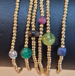 Stackable Birthstone Bracelets Gemstone/18K Gold-plated Beads Medium